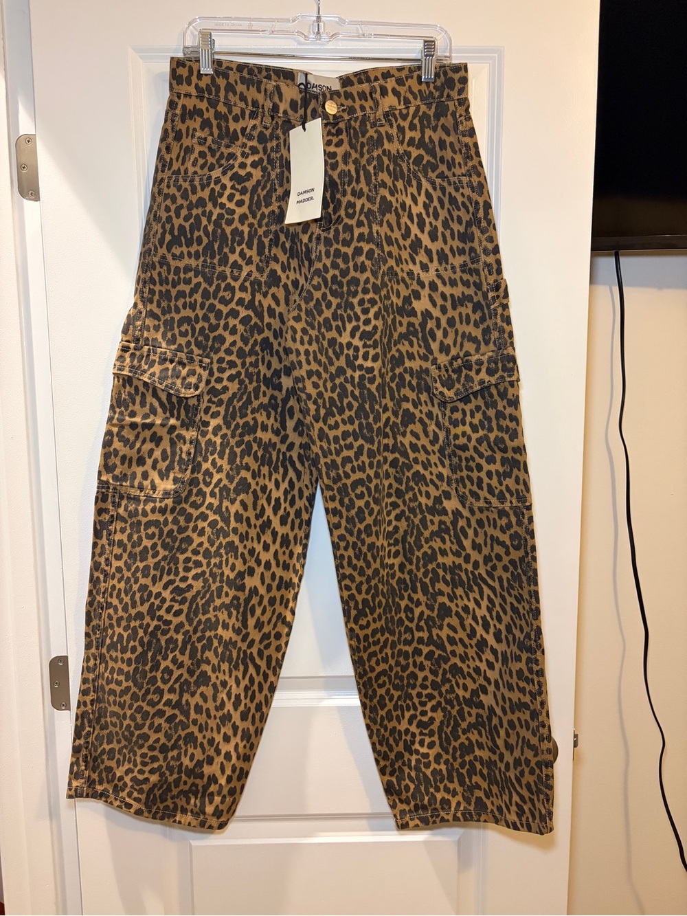 Damson Madder | Leopard Print Wide-Leg Cargo Jeans in Brown/Black NWT - Picture 2 of 9